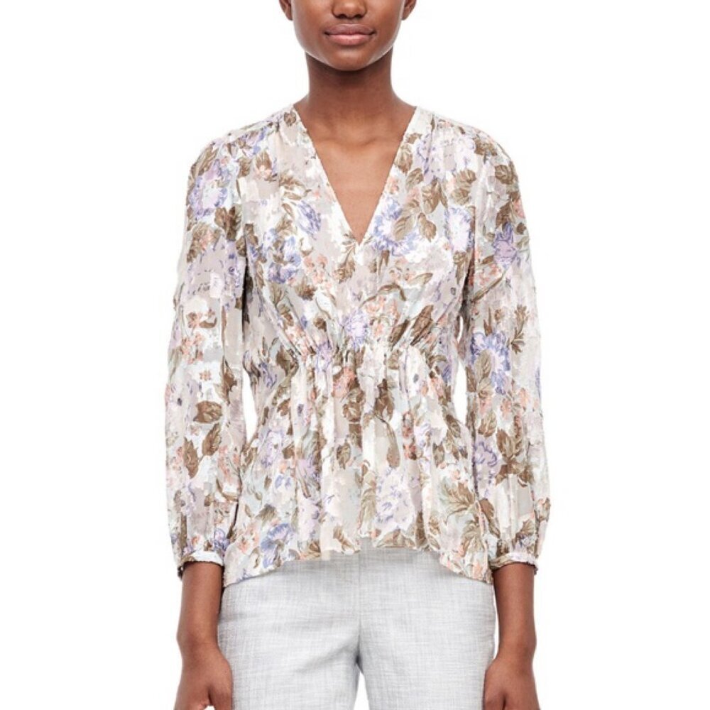 Rebecca Taylor Floral Printed V-Neck Silk Penelope Blouse